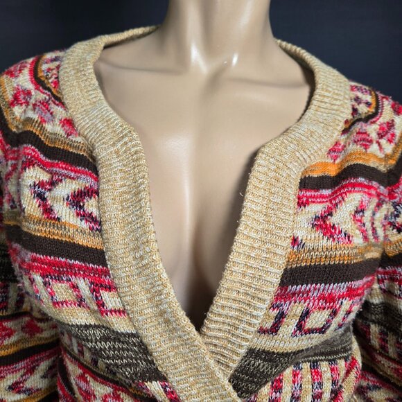 Vintage 70s Boho Belted Cardigan Womens Size S Beige Aztec Print Flared Sleeves - Picture 2 of 11